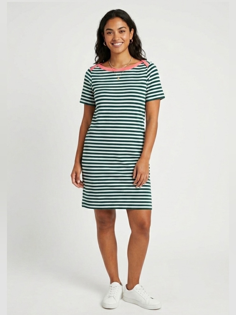 Boden Green White Stripe Midi T Shirt Dress US 12 Pink Trim Cotton Coastal